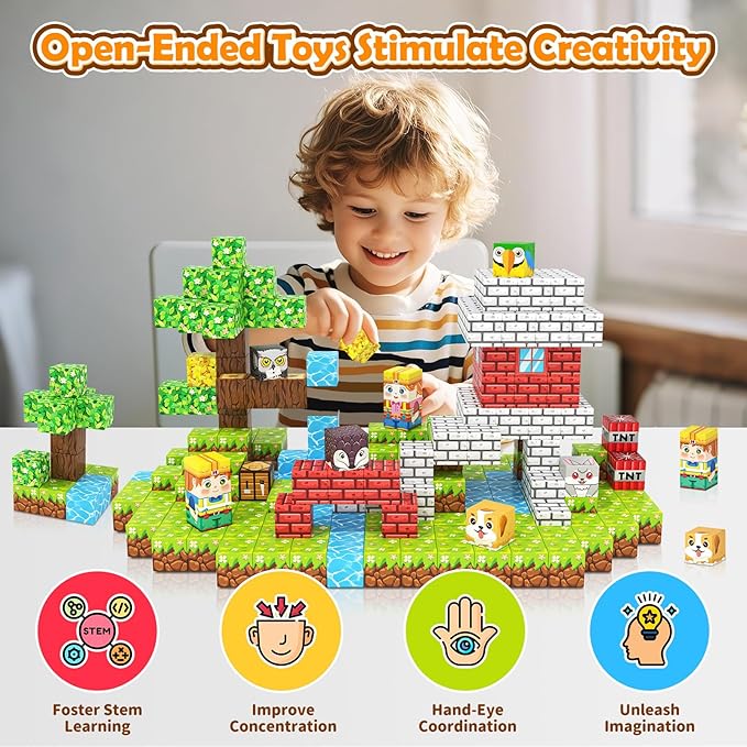 Magnetic Blocks with Forest Animals, Magnetic Building Blocks Magnet Cube Toys Stacking, Build Forest World Set, STEM Montessori Sensory Toys for Kids Boys Girls Age 3 4 5 6 7 8 9 10 Gifts