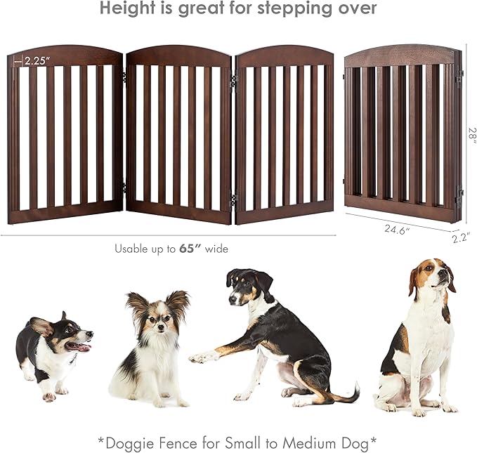 SPIRICH Wooden Freestanding Foldable Dog Gate, Pet Gate Indoor, Dog Gates for Doorways, Stairs, The House, Extra Wide Step Over Puppy Gate, 3 Panels, Brown