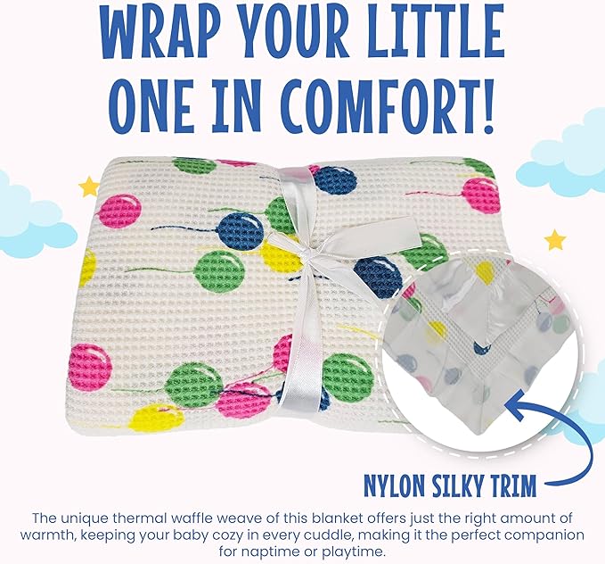 Thermal Waffle Knit Baby Blanket - Soft Breathable Mini Blanket for Newborns and Infants - Toddler Blankey for Strollers, Travel, Naptime and More - 18" x 20" (Balloon Multi, Nylon Trim)