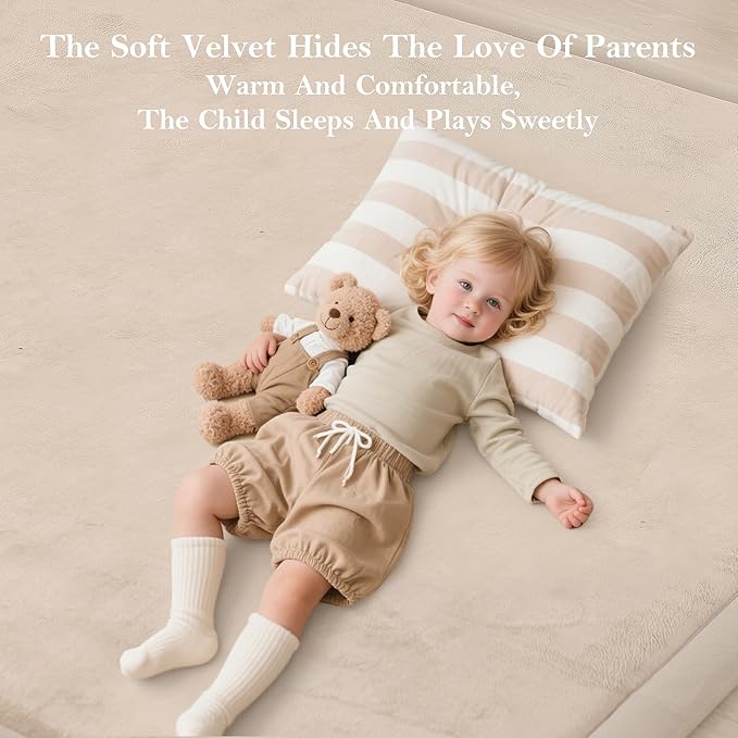 Baby Play Mat for Floor, 1.3"Thick Extra Large Cushioning Memory Foam Playpen Mat, Soft Coral Velvet Baby Crawling Mat with Non-Slip Backing for Toddlers,Infants,Kids,Yoga Mat (Khaki 79"×118"×1.3")