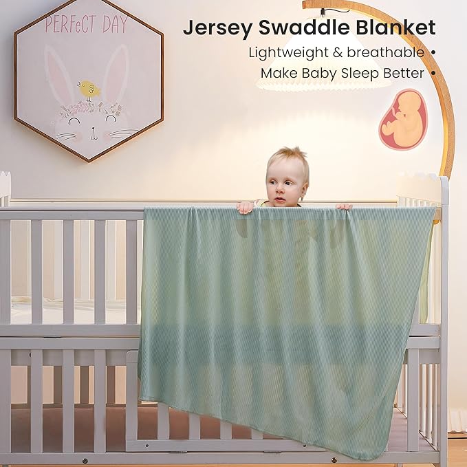 Jersey Swaddle Blanket, Ultra Soft Stretchy Receiving Blanket, Baby Girl Newborn Rainbow Swaddle Wrap, 40 x 30 inches, 2 Pcs, White & Green