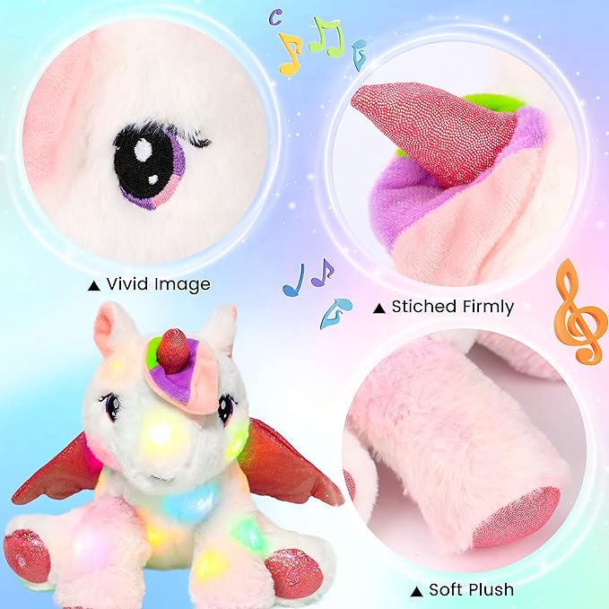 Hopearl LED Musical Stuffed Unicorn Adorable Lighting Up Singing Plush Toy Adjustable Volume Lullaby Animated Soothe Birthday Festival for Kids Toddler Girls, White, 11''