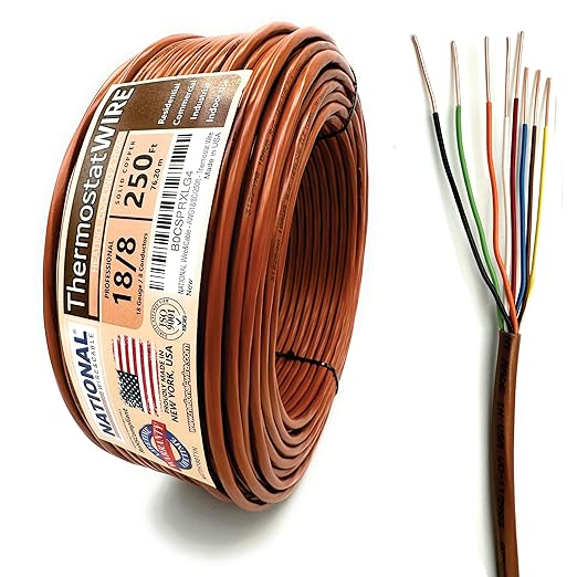 18/8 250Ft. NATIONAL Wire&Cable Thermostat Doorbell HVAC Heating Control Professional Cable Wire - Made in USA - 100% Solid Copper Conductors, CL2 ETL Listed, Low Voltage Applications Use
