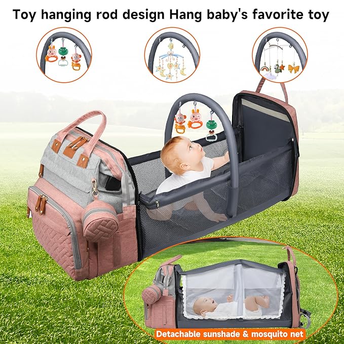 Diaper Bag Backpack Baby Diaper Bag Multifunctional Waterproof Diaper Bag with Changing Station Travel Backpack with Changing Pad, Baby Baby Pacifier Case & Stroller Straps(PinkGrey)