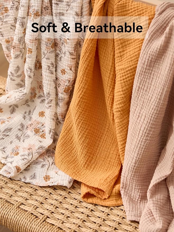 TILLYOU 3 Pack Muslin Swaddles for Newborns Baby Blankets for Girls Boys Cotton Swaddle Blankets 40"X40", Yellow Flower