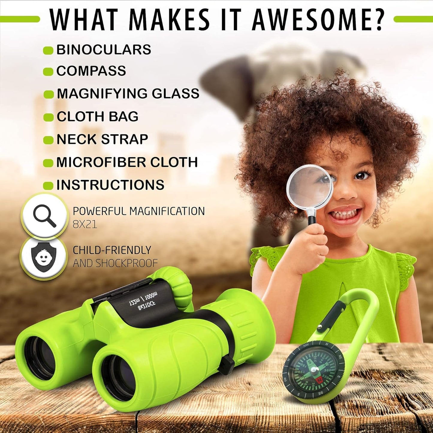 Promora Binoculars for Kids, Set with Magnifying Glass & Compass Purple - Perfect Toy for Little Boys and Girls, Kids Binoculars for 3-12 Years Boys and Girls Present for Toddler