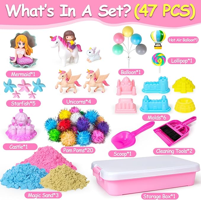 Unicorn Sensory Bins for Toddlers,Sensory Toys Play Sand Art Kit with Sandbox & Sand Castle Molds & Tools,Unicorn Sensory Toys Christmas Birthday Gift for Girls Toddler Ages 3 4 5 6 7 8 (Unicorn)