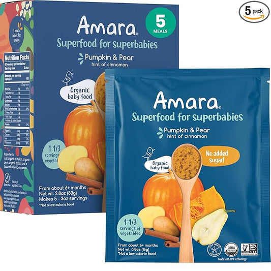 Amara Organic Baby Food - Stage 2 - Pumpkin Pear - Baby Cereal to Mix With Breastmilk, Water or Baby Formula - Shelf Stable Baby Food Made from Organic Fruit and Veggies - 5 Pouches, 3oz Per Serving