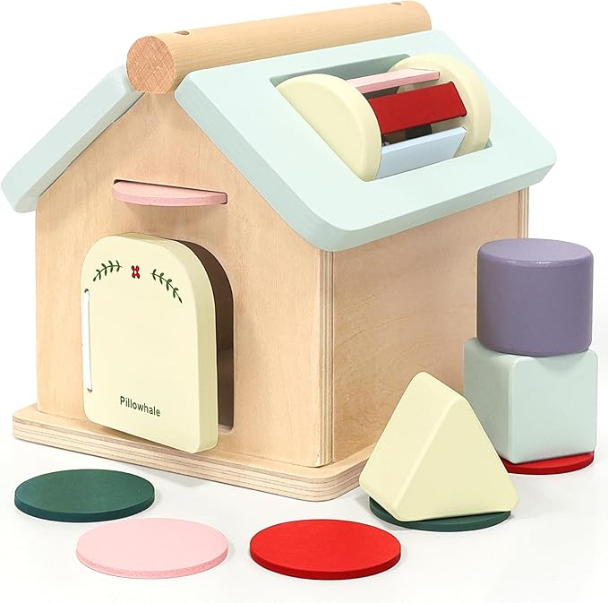 Wooden Toys for Babies 12 Months, Wooden Baby Drop Toys, 5 in 1 Object Permanence Box, Shape Sorting and Stacking Learning Toy, Sensory Play House for Toddlers Boys Girls 1 Years