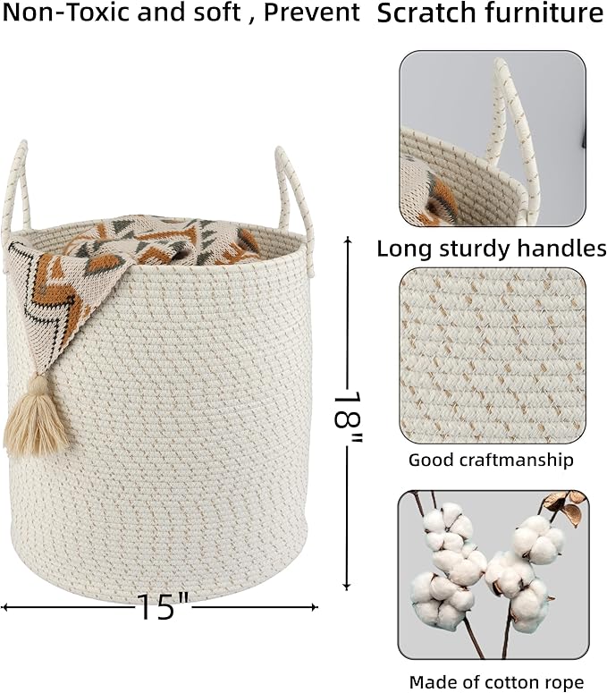 Cotton Rope Laundry Basket Hamper for Clothes Woven Storage Basket for Living Room Bedroom Boho Tall Rope Baskets for Blanket Toys Pillow Towels Baby Nursery Hamper Bin striped