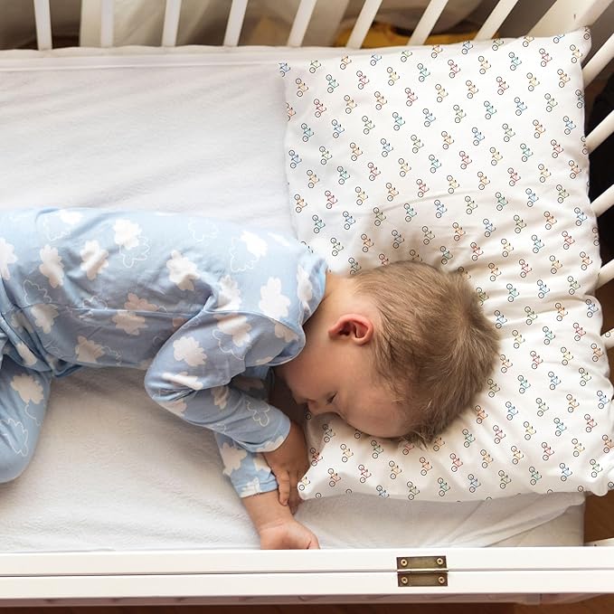 Little Sleepy Head Toddler Pillow with Pillowcase 13x18 - Kids Pillow for Sleeping - Better Neck Support Ergonomic Pillow and Toddler Pillowcase - Best Pillows for Kids (Bicycles)