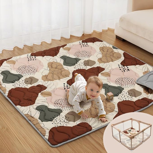 Blissful Diary Baby Play Mats for Floor, 59x59 Inch Thicker and Larger Soft Cushioning Foam Playmats for Babies and Toddlers, Foldable Washable Baby Playpen Mat, Boho Design