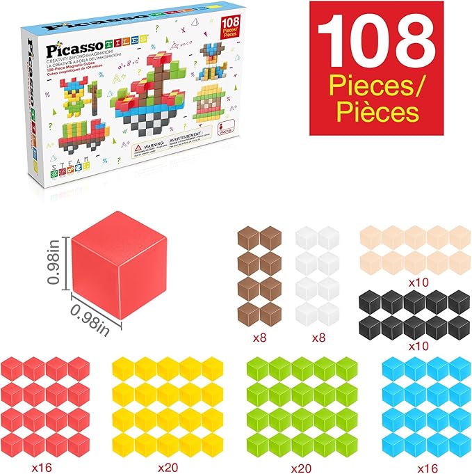 Picasso Cubes 1” Magnetic Puzzle Cubes 108 Piece Magnet Construction Building Block Set Sensory Toy Early Education STEM Learning, Free Ideabook with 50 Ideas, Children Age 3+ Boy Girl PMC108