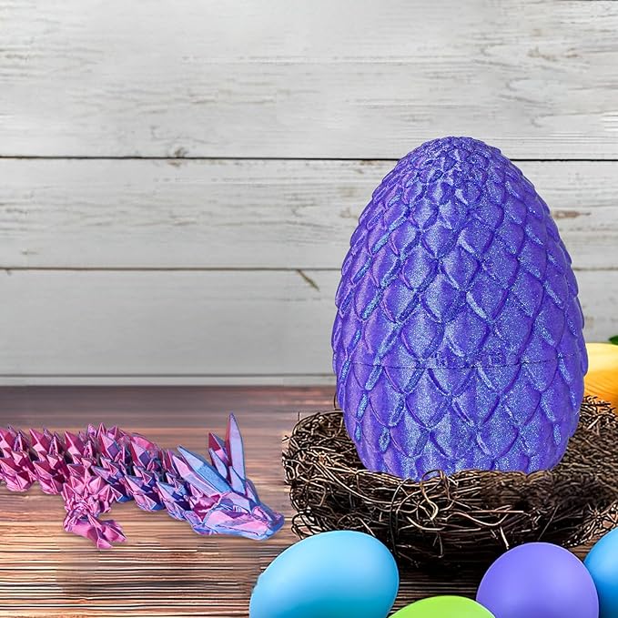 Large Dragon Eggs with Dragon Inside, 3D Printed Surprise Funny Gifts for Kids, Articulated Dragon Fidget Toys for Adults, Executive Desk Toys Office Room Décor (Shiny Purple)