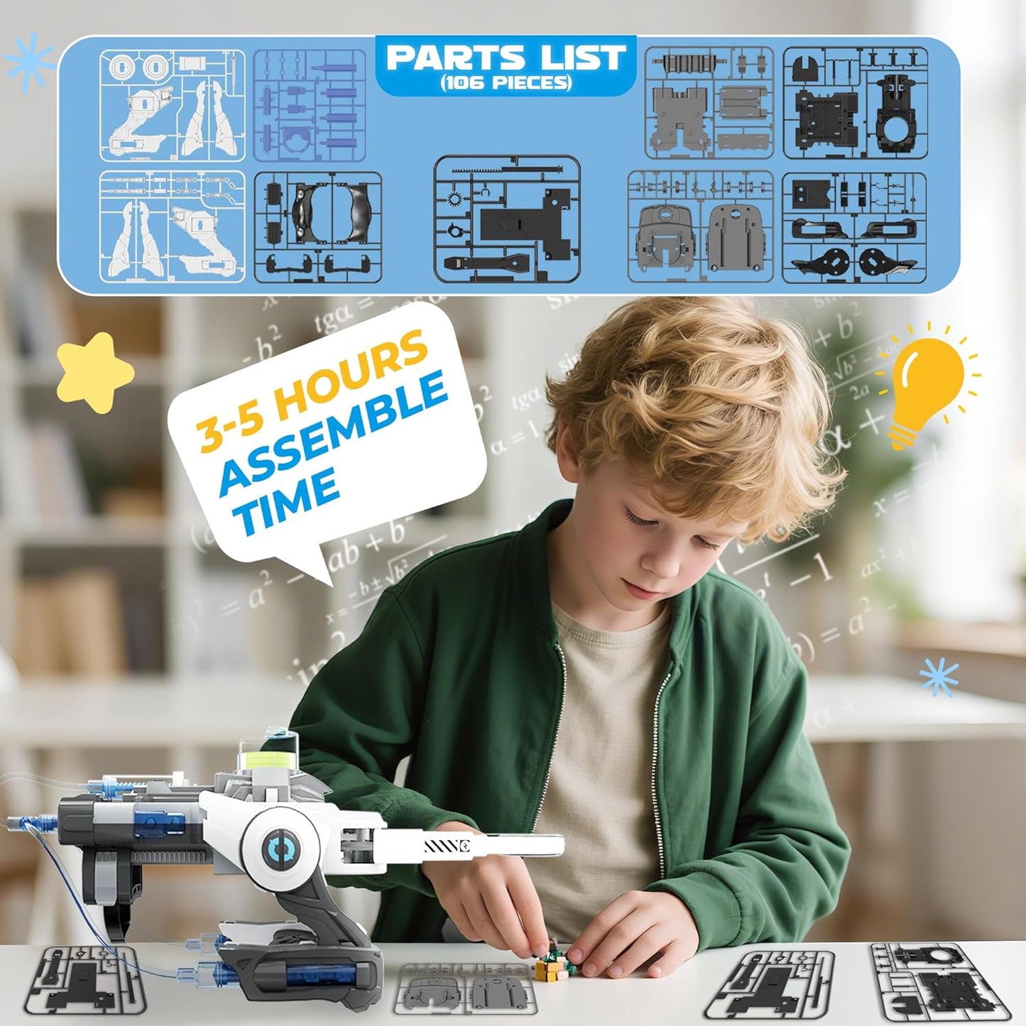 SMIESSKIDDO Hydraulic Robotic Arm - 106 Pcs Dual-Mode STEM Toy for Kids 8-12, Build & Launch Flying Disc | No Batteries, Safe Engineering Science Kit, Model Kits Gift for Boys & Girls 9 10 11