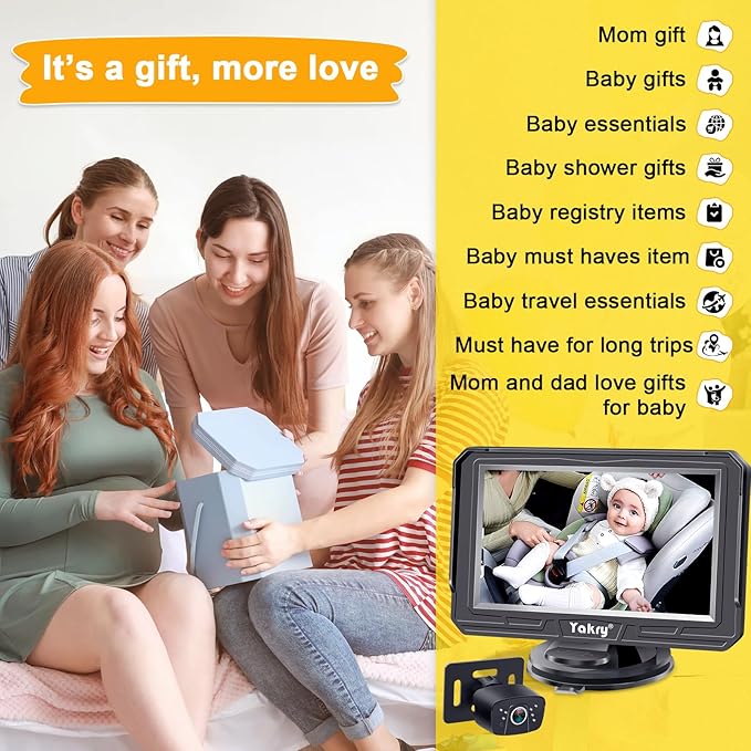 Yakry Baby Car Camera for Backseat - HD 1080P, 170° Wide Angle, Night Vision, 360° Rotation, Safe for Babies, Easy Install, Rear-Facing Baby Car Mirror for Parents Y60