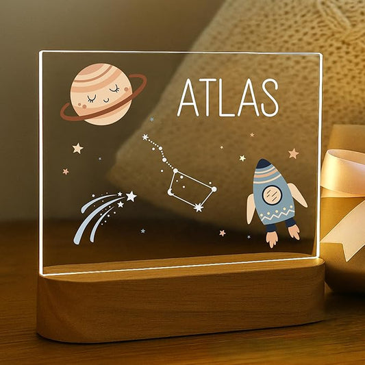 Personalized Space Baby Night Light for Kids | Custom Name Space Nursery Decor | Cute 7-Color Plug-in LED Rectangular Nightlight | Custom Baby Shower Gifts for Newborns, Toddlers, Girls, Boys 2-10