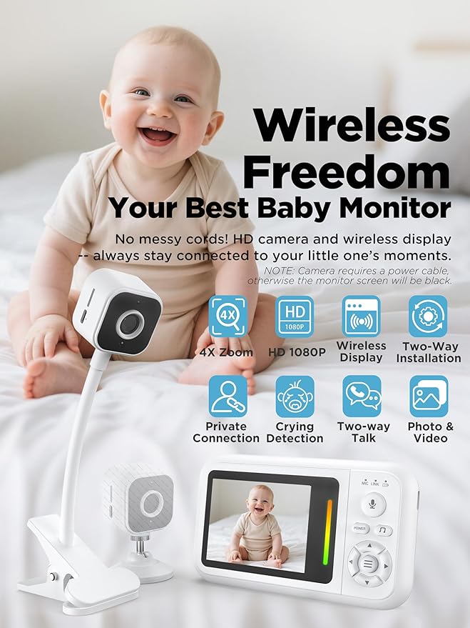 Baby Monitor with Camera and Audio, Baby Monitor No Wifi with Clip for Crib & Stand, Portable 2.8’’ HD Wireless Monitor 1080P Video, NightVision, VOX, 2-Way Audio, 32GB, Temp Sensor & Lullabies