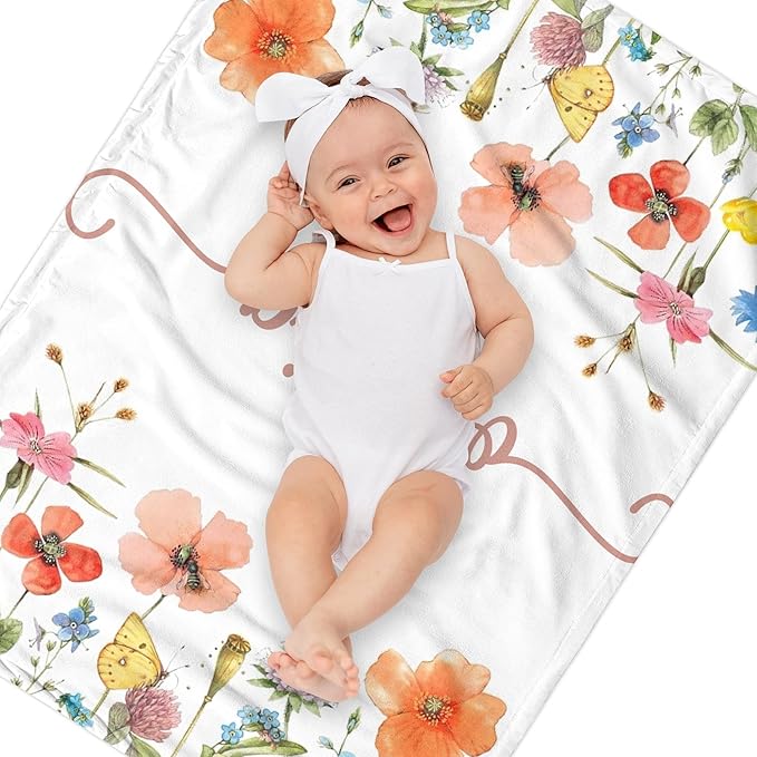 Personalized Swaddle Baby Blankets with Name Plants Flowers, Customized Floral Nursery Blanket for Girls, Newborn Shower Gifts for Baby Girls, Christmas Birthday Gift