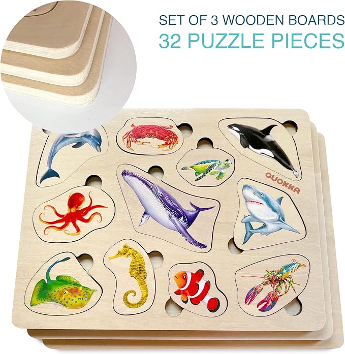QUOKKA Wooden Puzzles for Toddlers 1-3 – 3xSET Toddler Puzzles Ages 2-4 – Montessori Animal Toy Puzzle for Toddlers 3-5 Year Old – Wood Toy Learning Realistic Animals for Boy and Girl
