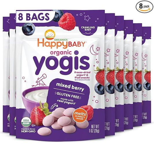 Happy Tot Organics Yogis Freeze-Dried Yogurt & Fruit Snacks, Mixed Berry, 1 Ounce (Pack of 8) packaging may vary