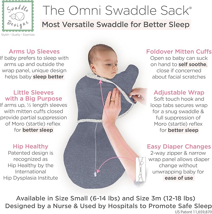 SwaddleDesigns 6-Way Omni Swaddle Sack Arms Up Swaddle for Newborn, More Options to Calm Startle Reflex, Improves Sleep