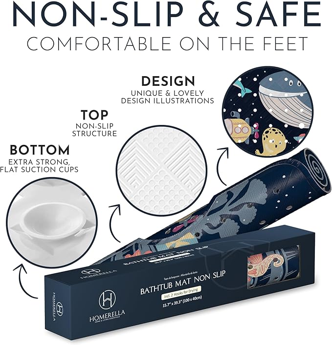 Homerella Baby Bath Tub Mat | Anti Mold Mildew Resistant Non Slip Kids and Adult Bath Tub Shower Mats | 40x16 inch Long with Suction Cups for Secure Grip Hooks for Storage & Drying | Machine Washable