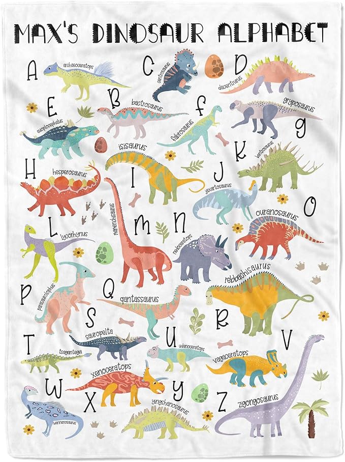 MDPrints Global Dinosaur Alphabet Personalized Baby Blanket, Custom Baby Gifts with Name, Newborn Swaddle Blanket, 30''x40''
