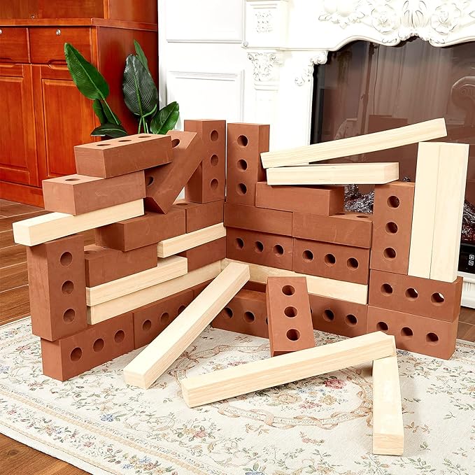 Deekin 25 Pcs Foam Brick Building Blocks and 12 Pcs Wooden Beam Foam Thick Cinder Blocks Large Fake Brick Builders Set for Construction and Stacking(Red)