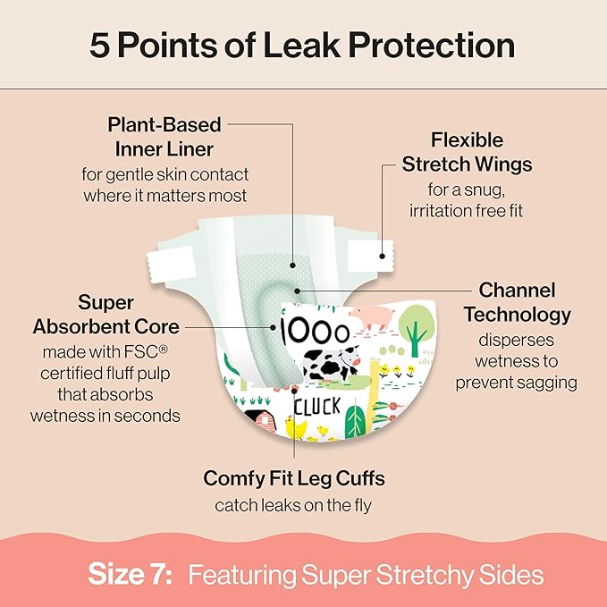 The Honest Company Clean Conscious Diapers for Delicate Skin, Up to 100% Leakproof Hypoallergenic Fragrance-Free Baby Diapers, Gender Neutral Prints, Super Club Box, Size 7 (41+ lbs), 64 Count