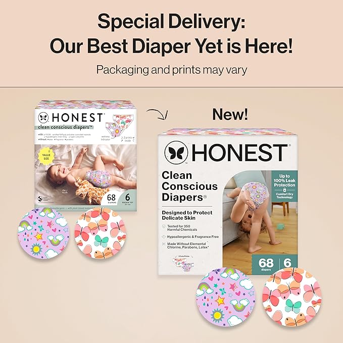 The Honest Company Clean Conscious Diapers for Sensitive Skin, Up to 100% Leakproof Hypoallergenic Fragrance-Free Baby Diapers, Girl Prints, Super Club Box, Size 6 (35+ lbs), 68 Count (Prints Vary)