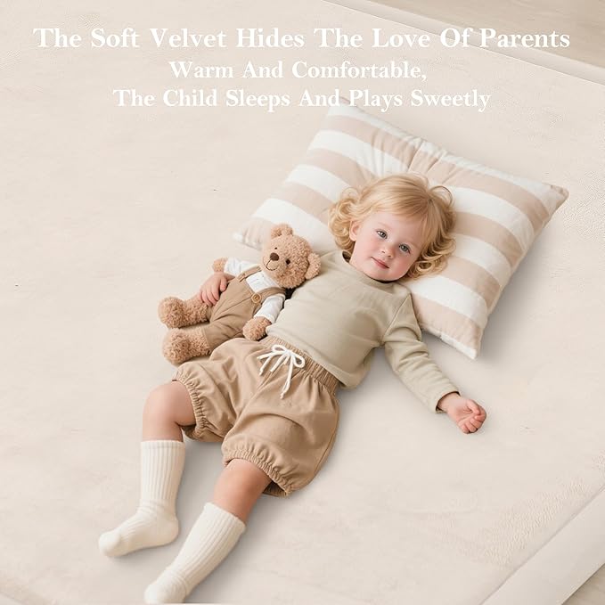 Baby Play Mat for Floor, 1.3"Thick Extra Large Cushioning Memory Foam Playpen Mat, Soft Coral Velvet Baby Crawling Mat with Non-Slip Backing for Toddlers,Infants,Kids,Yoga Mat (Beige 79"×118"×1.3") ﻿