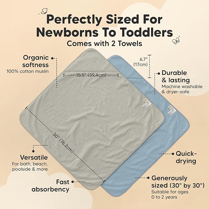 KeaBabies Muslin Hooded Baby Towels for Newborn Girls, Boys - 2-Pack, 30x30 Organic Cotton Baby Bath Towels Hooded, Soft Absorbent, Toddlers, Kids, Infant, Newborn Bath Essentials (Steel, Petite)