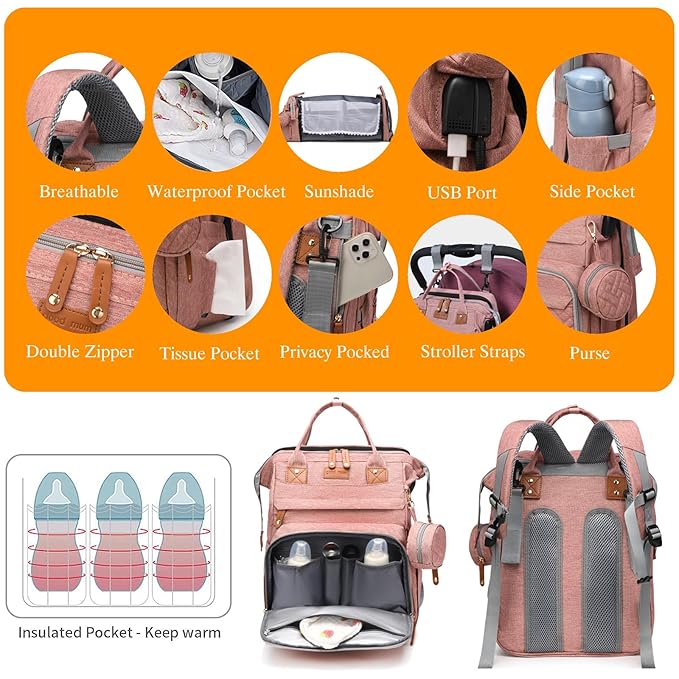 Baby Diaper Bags with Changing Station, Waterproof Diaper Bag Backpack for Moms Dads with USB Charging Port, Baby Shower Gifts, Large Capacity diaper backpack, Pink