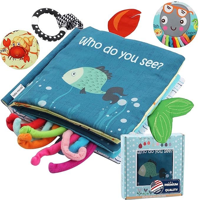 Fish Baby Book 0-6 Months,Touch Feel Cloth Crinkle Books for Babies,Infant Baby Toys 6-12 Months,Learning Education Soft Sensory Mirror Toy,Teether,Shower Gifts for Boys Girls-Gift Box