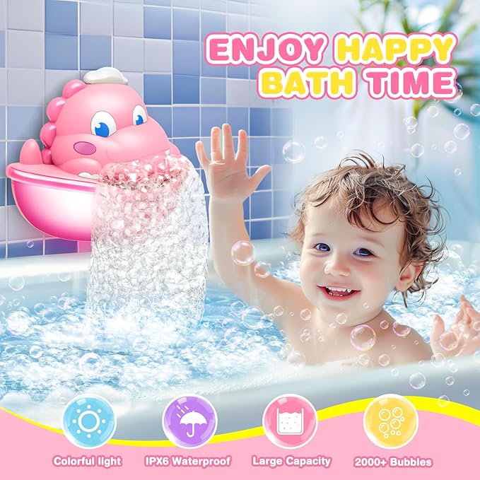 Dinosaur Baby Bath Toys Light Up Bath Bubble Machine with Colourful Light Bathtime Shower Bath Toys for Kids Ages 1-3 4-8 Birthday Gift Easter Basket Stuffers for Toddler Boys Girls