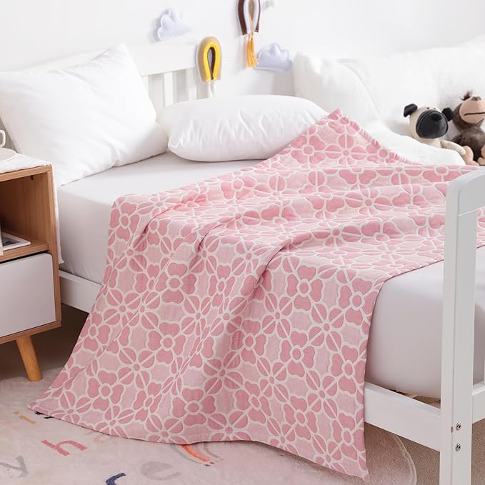 NTBAY 3 Layer Toddler Blanket, Muslin Cotton Jacquard Bed Blankets, Lightweight Thermal Baby Blanket, Super Soft and Warm Crib Blanket for All Seasons, Decoration Gift, 30"x40", Pink Clover