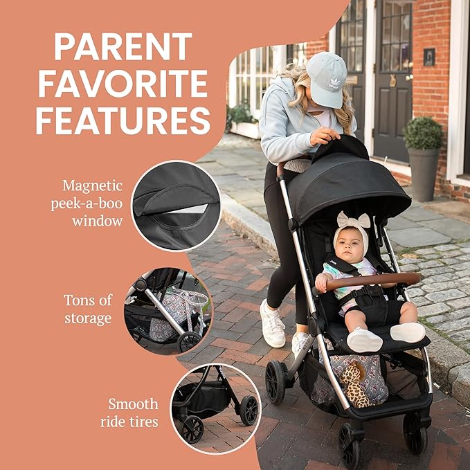 Bombi Bēbee V2 Lightweight Baby Stroller - Premium Vegan Leather, One-Hand Fold, Infinite Recline, Aircraft-Grade Aluminum Frame, XXL Canopy, and Ample Storage Umbrella Stroller - Hickory