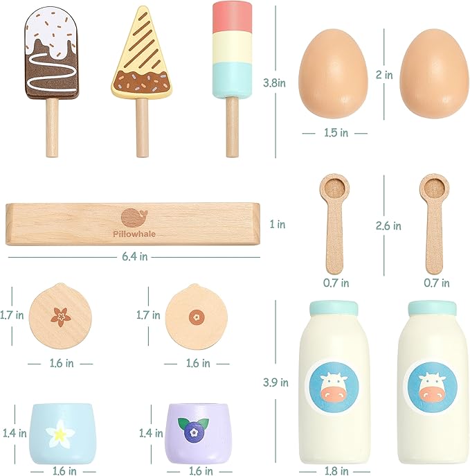 12-Piece Wooden Dairy & Ice Cream Play Food Set – Pretend Fridge Food Accessories w/ Milk Bottles Yogurt Cups Eggs Pastel Popsicles & Holder – Montessori Kitchen Toy for Kids Ages 3+