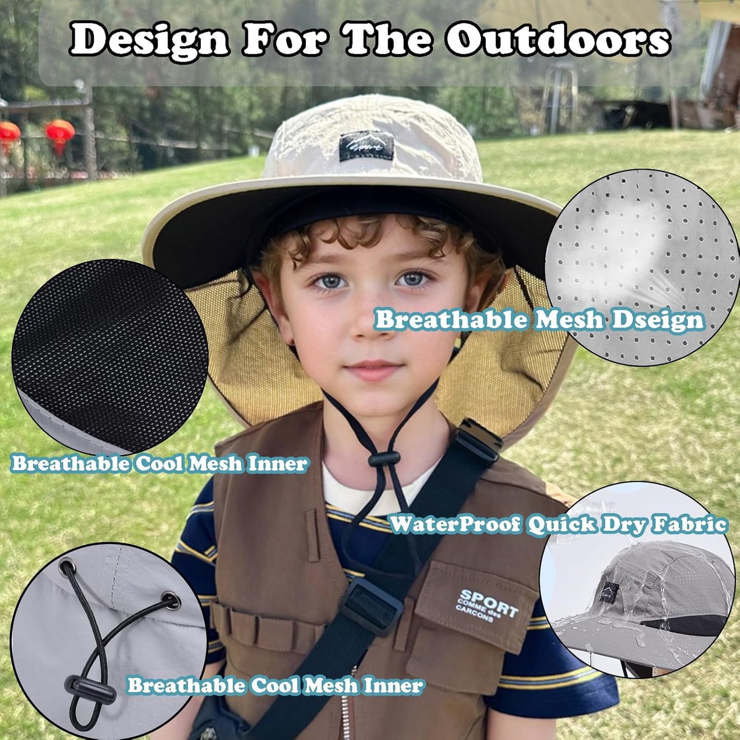 Outdoor Kids Sun Hat with Neck Flap UPF 50+ Quick Dry Beach Hats for Baby Boys Girls Age 2-12 Years Adjustable