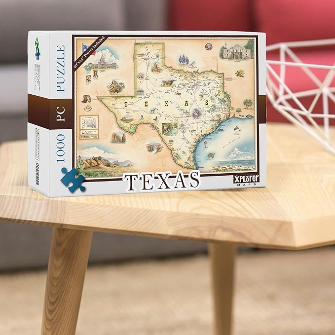 Texas State Map Cardboard Jigsaw Puzzle - 1000 Pieces, Hand-Illustrated - Educational, Family Activity, Ages 7+, Includes Poster - 25.4 x 19.8