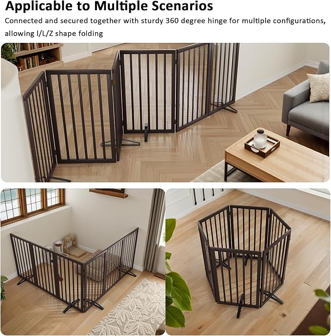 Dog Gate for Doorways 32" Tall Freestanding Dog Gate for Stair Foldable Pet Gate for Dogs Indoor (Brown,6 Panel)