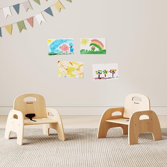 Foundations Simple Sitter 7” Low Wood Feeding Chairs, Wide No-Tip Base, Adjustable Safety Harness, Stackable Wood Toddler Chairs with Food Service Grade Finish, 2 Pack
