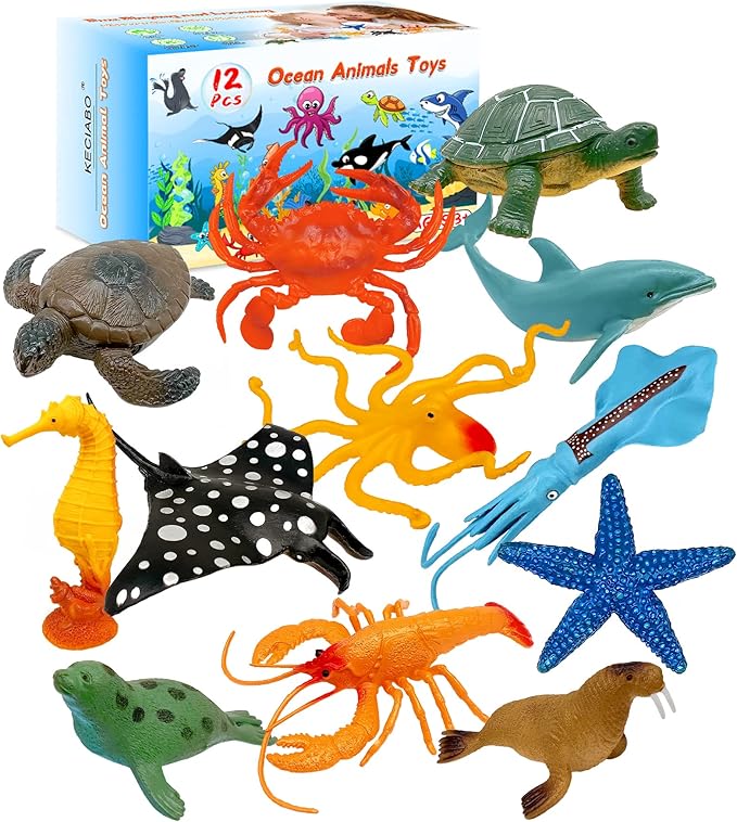 Ocean Sea Animal Figures, 12 Pack Realistic Soft Plastic Bath Toys for Toddlers, Kids, Boys, and Girls