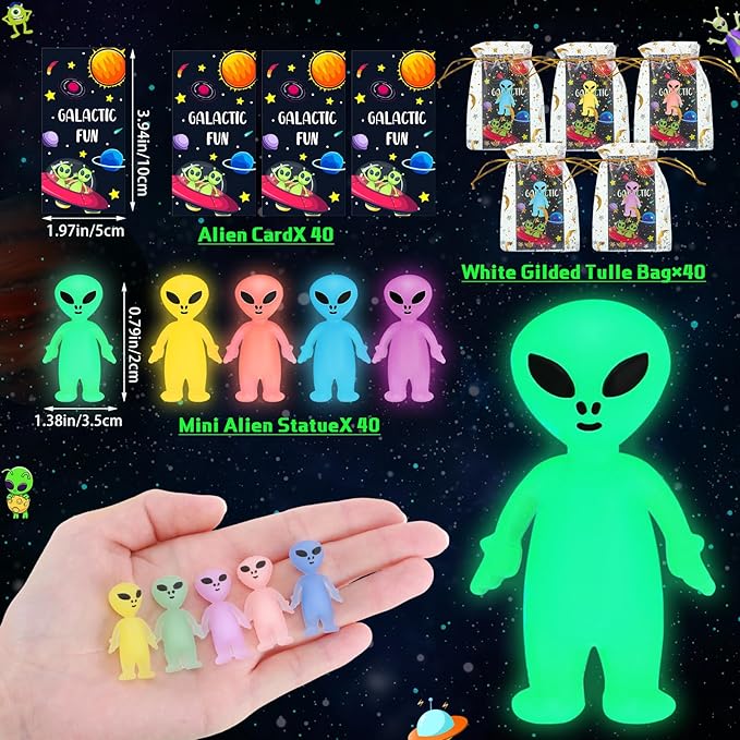 40 Pcs Glow in The Dark Mini Alien Figures Set with Card and Gift Bag for Space Birthday Party Favors Halloween Little Small Tiny Alien Figurines Statue for Hide and Seek (Colorful)