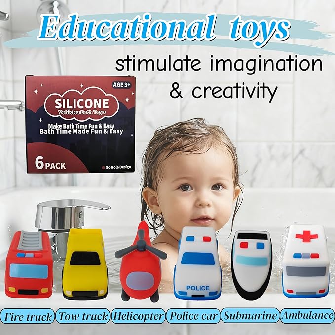 Silicone Bath Toys with No Holes |6pcs Mold Free Baby Bath Toys for Kids1-3 |Baby Bath Cars Set |Sealed Design Prevents Water Trapping |Soft, Squeezable & Floating Bathtub Toys For 2-4 Toddlers (cars)