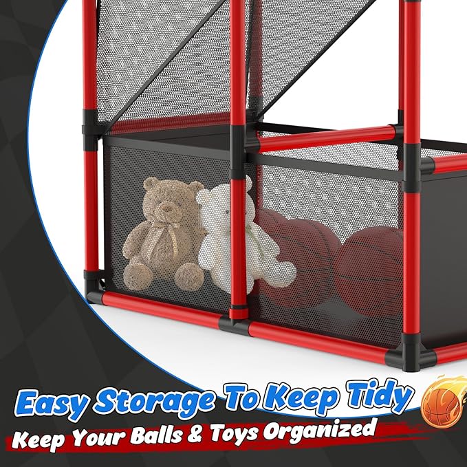 EagleStone Kids Adjustable Arcade Basketball Hoop with LED Lights & Scoreboard, 4 Balls Ball Storage Net, Indoor Outdoor Carnival Basketball Game Set for Boys & Girls Ages 3-12, Pump Included