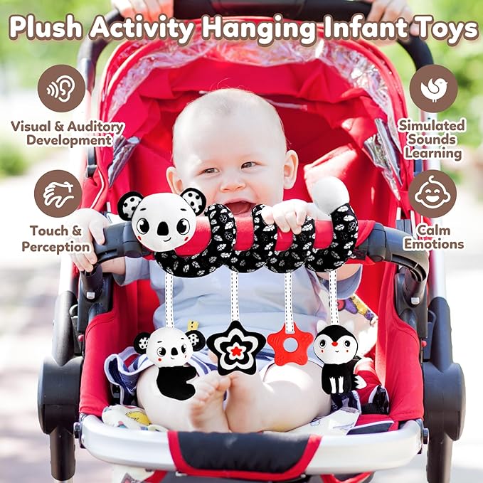 Baby Carseat Toy Black & White Rattle Spiral Hanging Activity Stroller Toy for Newborns Boys and Girls - Coala