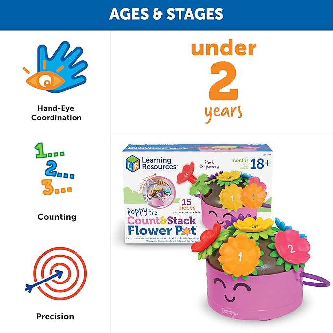 Learning Resources Poppy The Count & Stack Flower Pot - 15 Pieces, Fine Motor Skills Toys for Toddlers, Preschool Toys, Ages 18+ Months,Easter Basket Stuffers