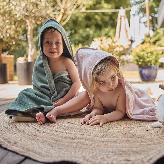 Baby Hooded Towel – Organic Cotton Baby Bath Towels, 32" x 32" Super-Soft and Absorbent Baby Towels for Newborn 2-Pack (Fog/Roman Green)